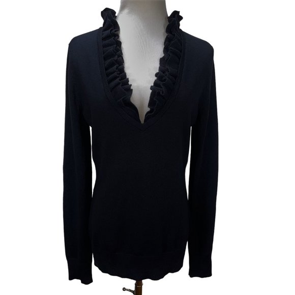 New Tory Burch Black Merino Wool Ruffle Neck Long Light Sweater Size M Tunic - Picture 1 of 10